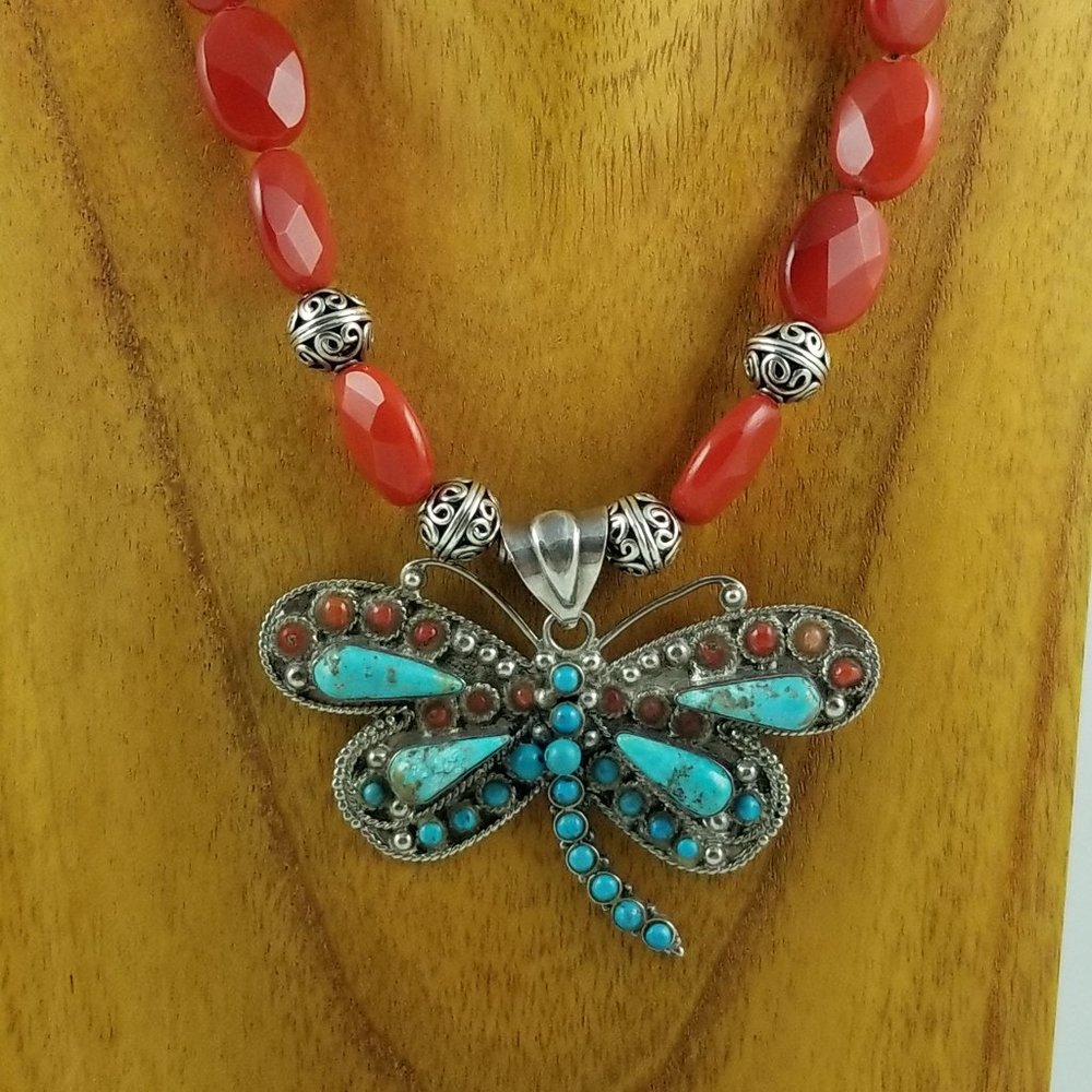 Tibetan Turquoise & Carnelian Butterfly Necklace - Picture 2 of 5